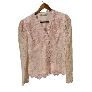 Vintage 90s Lisa Michaels Pink Lace Blouse Petite Size‎ 10 Long Sleeve Elegant